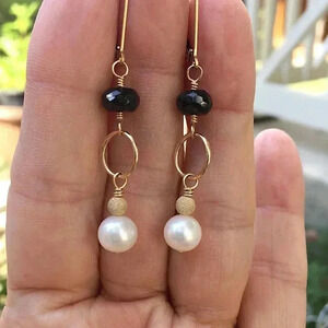 Worn On Jane The Virgin, Pearl Earrings, Black Spinel Earrings, Gold Earrings
